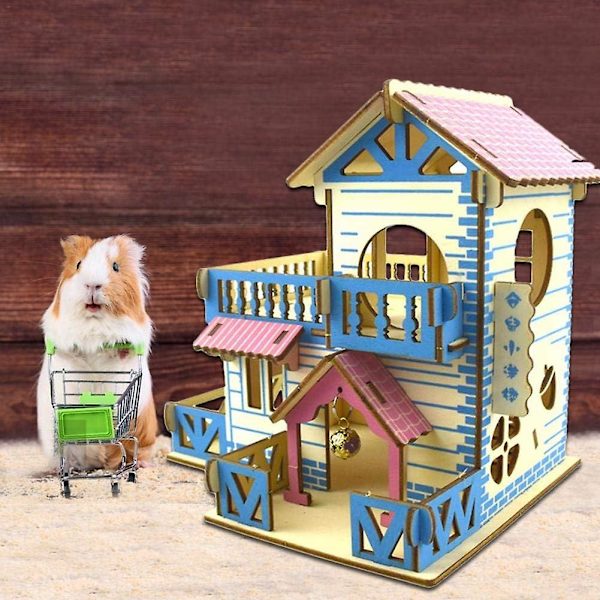 Trähus för hamster, två våningar, lekplats, husdjurstrappa, två våningar, villabalkong, litet husdjur