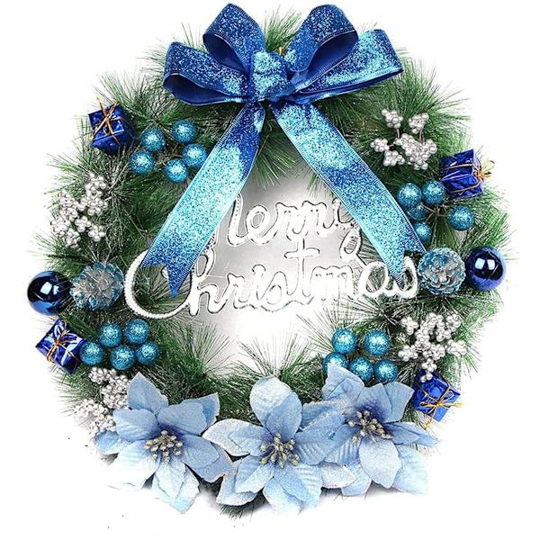 Julekranser til inngangsdøren, 40 cm/15,7 tommer Kunstig Julekrans Vinterjulekrans Dekorasjon med Sløyfe Blomsterkule (Blå)