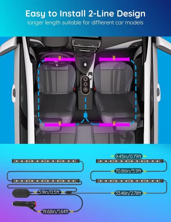 Bil LED-lys, RGB Smarte Bilinteriørlys, App-kontroll, DIY-modus og Musikkmodus, 2-rads design LED-lys for biler med billader, 12V