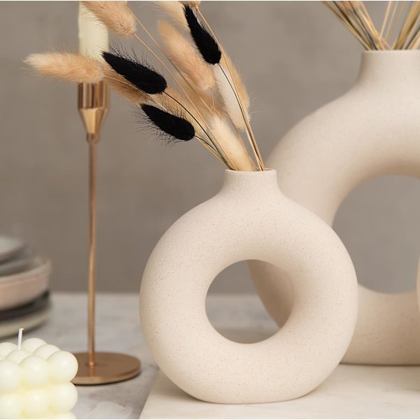 Lille hvid doughnut vase Keramisk vase til Pampas græs Borddekorationer