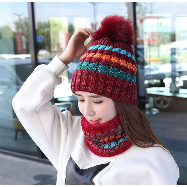 Vinterstrikket lue- og skjerfsett for kvinner, beanie med pompom Wine Red