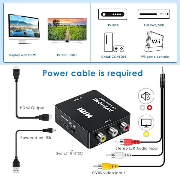 RCA-HDMI-sovitin / signaalimuunnin, musta black
