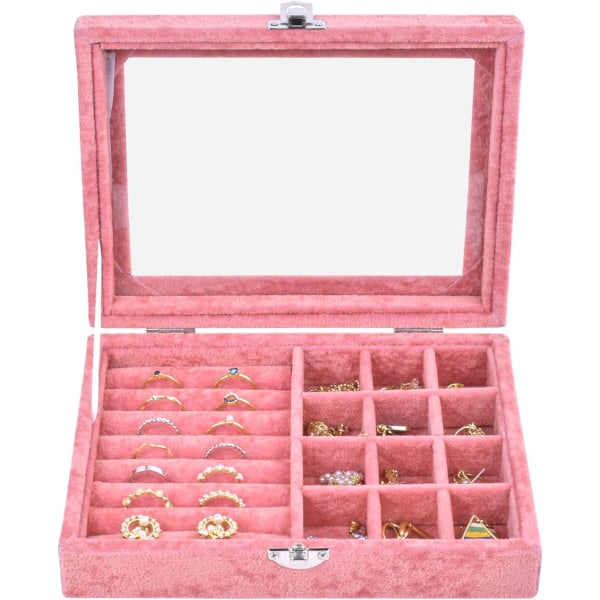 Smykkeoppbevaringsboks, smykkeutstillingsboks med glassdeksel, multifunksjonsoppbevaringsboks for smykker, smykkeutstilling for smykker (rosa)