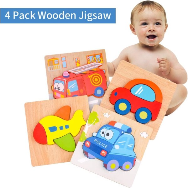 Träpussel för småbarn 1 2 3 år gamla, pojkar och flickor Pedagogiska Montessori-inlärningsleksaker Present med 4 mönster