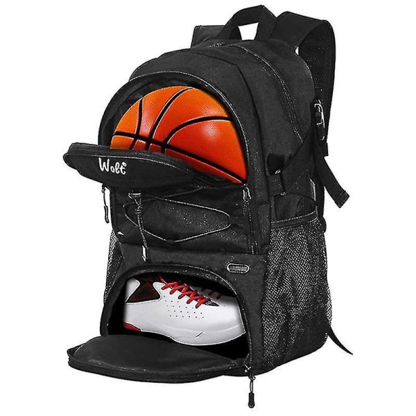 Basketryggsäck Stor sportväska med separat skofack för bollhållare, bäst för basket, fotboll BLACK