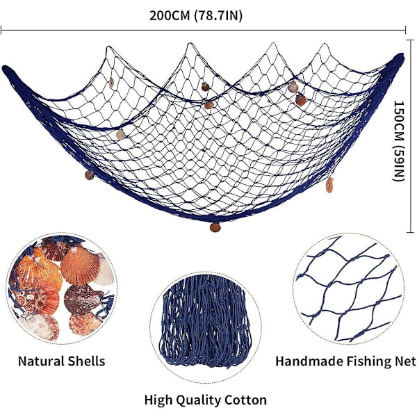 200cm x 150cm Fiskenet med Skaller Strand Tema Dekoration til Fest Hjem Stue Soveværelse Middelhavsstil Dekoration Vægdekoration (blå)