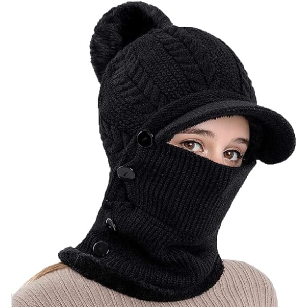 Women Winter Warm Knit Baseball Cap Face Bandana Neck Gaiter with Fluffy Pom Pom (Black)