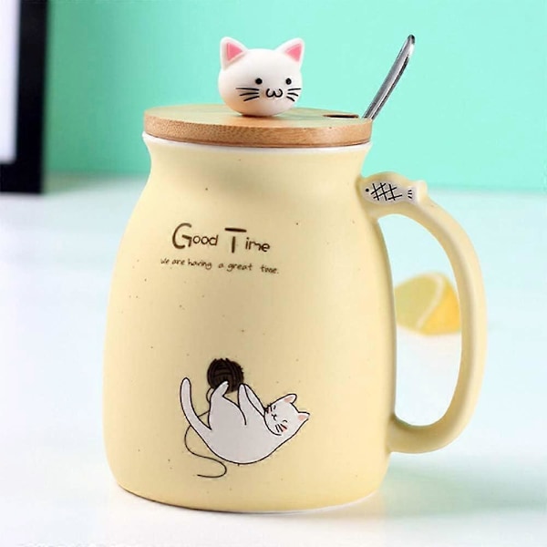 Kattekrus Sød Keramisk Killing Kaffekop med Dejligt Kitty Låg Rustfri Stål Ske til Kaffe Te Mælk 380ML Te Mælk Julekrus til Kvinder (Gul)