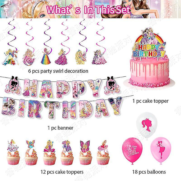 37 stk Barbie Happy Birthday festdekorasjon, rosa Barbie tegneserie dukke banner kaketopper Barbie ballonger