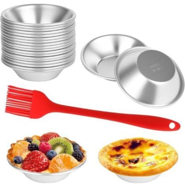 Set med 20 återanvändbara aluminiumformar för tårtor med silikonborste; perfekt för pastéis de nata, puddingar, kakor och cupcakes