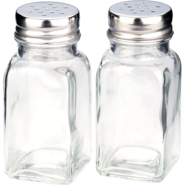 Sett med 2 pepper- og saltshaker, glass med metall lokk, høyde 9 cm, diameter 4 cm