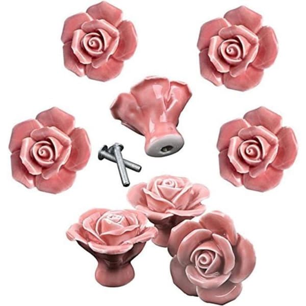 8 stk. elegante rosefargede blomsterkeramiske møbelknotter skuffehåndtak