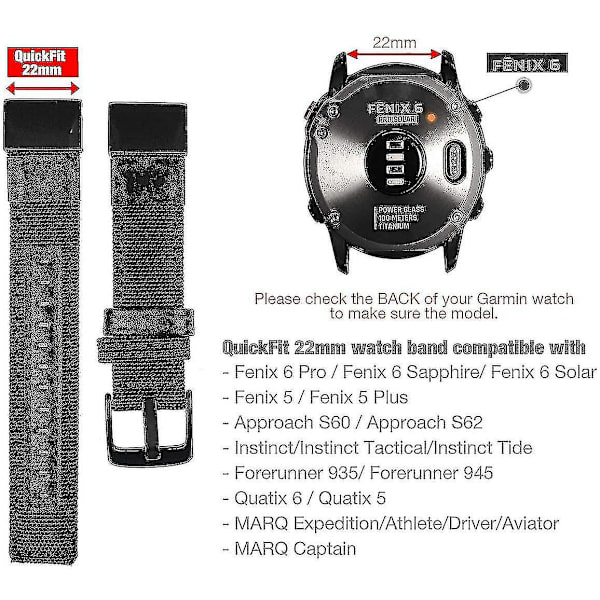 22 mm nylonrem til Garmin Fenix 5/ Fenix 6 (sort)