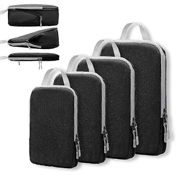 Kompressionspåsar för Resor 4 st Kompression Reseorganisatör Resväska Organizer Väskor Set Packningskuber Resa Dubbelsydda black