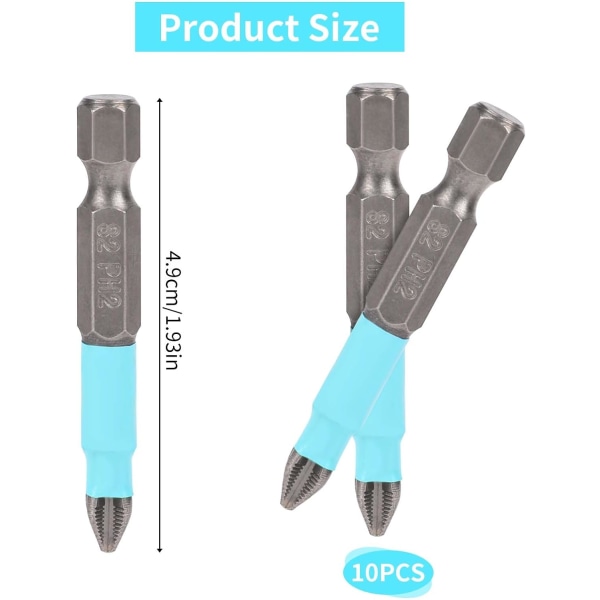 10 stk. Phillips-hoved borebits magnetisk Phillips-skruetrækkerspids sæt Ph2 Phillips-bits sæt, 1/4 tommer sekskantet skaft 2 tommer/50 mm