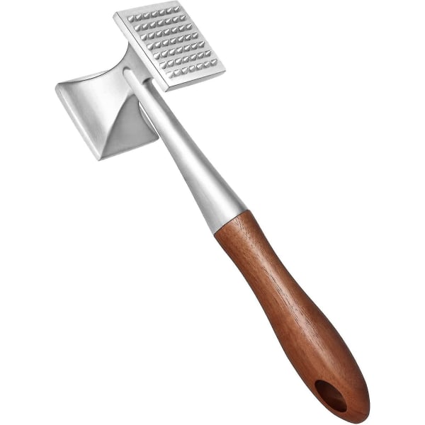 Kjøttmørning, kjøtthammer, kraftig biffhammer med trehåndtak og næringsmiddelgodkjent sinklegering, 2 i 1 kjøtthammer