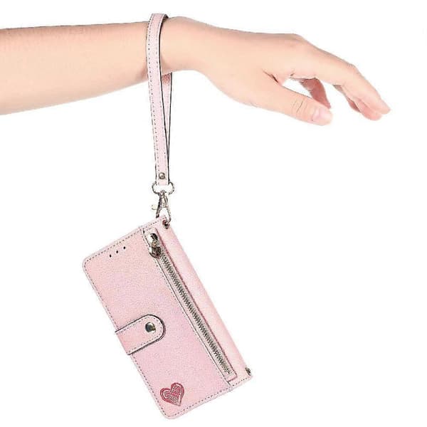 Etui til iPhone 14 Pro Wallet Love Lynlås Læder Etui Lanyard Pink