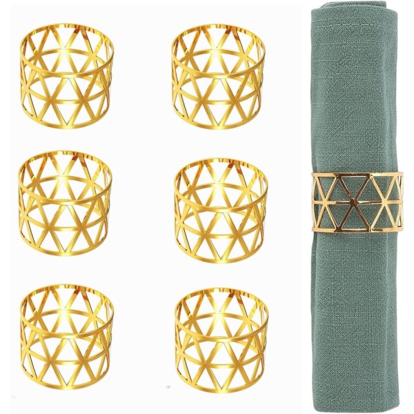 Guld servettringar, paket med 6 metall ihåliga servetthållare Spännen servettringar för jul, tacksägelse, bröllop, fest, middag (triangel)