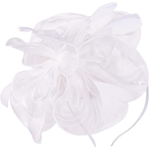 Fjäderfascinatorer för kvinnor och flickor Blomma Organza Derbyhatt Ascot Hattar Elegant Cocktail Tea Party Hatt Huvudbonad med klämma & hårband(Vit)