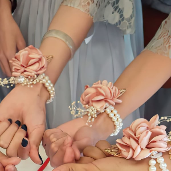 Rose Corsage Armbånd, Blomster Bryllup Håndled Corsage med Rhinestone og Perle, Hånd Blomster Armbånd Silke Rose Boutonniere Sæt til Bryllup   (Pink)