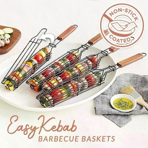 Stangformet grillkurv af tråd og stål, træspyd, bærbar grillkurv