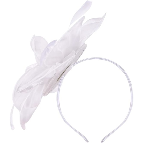 Sulkahöyhenkoriste naisille ja tytöille Kukka Organza Derby Hat Ascot Hatut Elegantti Cocktail Tea Party Hat Headwear with Clip & Hairband(Valkoinen)