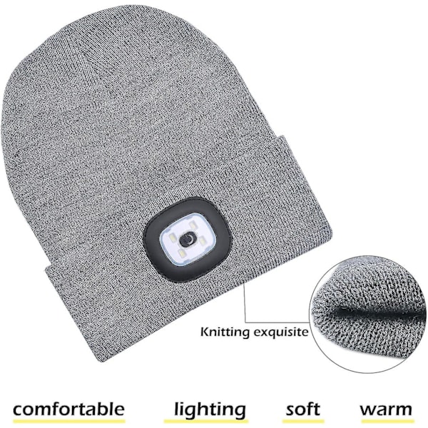 LED-mössa med ljus, USB-uppladdningsbar, för män och kvinnor, 5 timmars starkt huvudljus, unisex, varm stickad mössa för vinter Gray