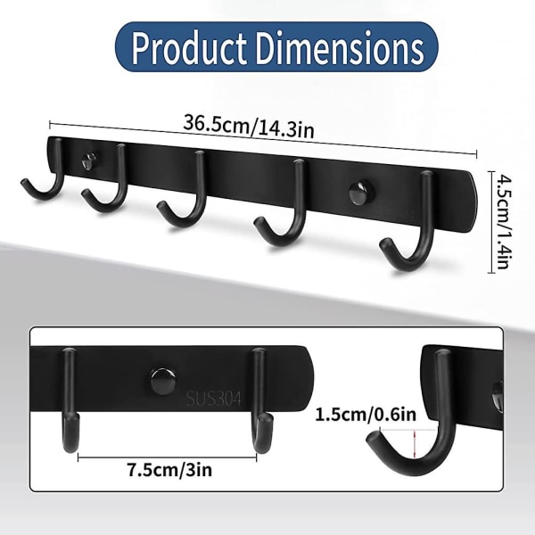 Kallrra 3 kappaletta vaatenaulakoita musta matta, seinäkoukut itseliimautuvat ja ruuvit, naulakon koukku tanko