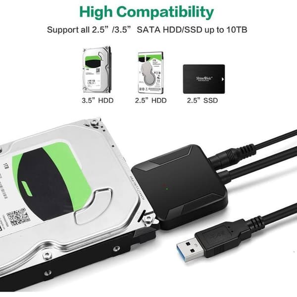 SATA til USB 3.0-adapter til 2,5\"/3,5\" SSD & HDD, UASP-understøttelse, 12V 2A strømforsyning, Windows/Mac/Linux-kompatibel