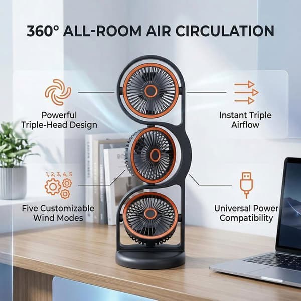 USB genopladelig bordventilator, 3-hoveds bærbar ventilator med lys og 5X luftstrømshastighedsindstillinger (A)