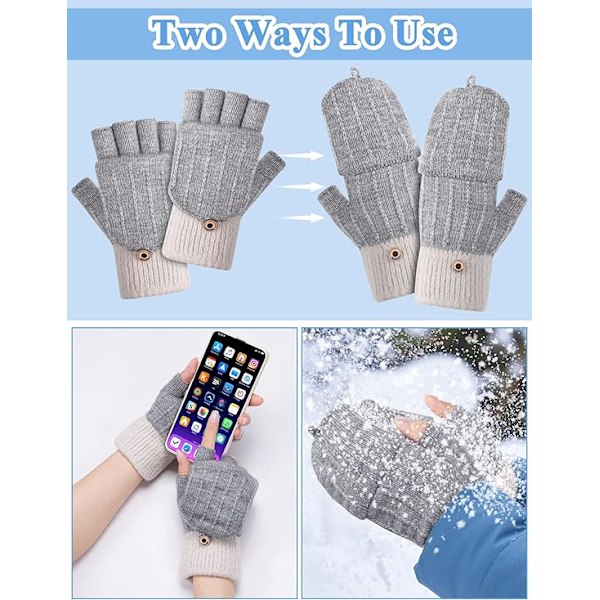 Fingerløse Handsker, Vinter Halvfinger Handsker med Flip Top Strikket Termiske Handsker til Mænd og Kvinder