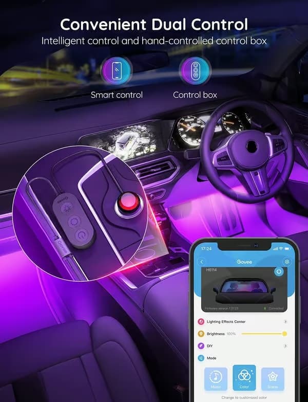 Bil LED-lys, RGB Smarte Bilinteriørlys, App-kontroll, DIY-modus og Musikkmodus, 2-rads design LED-lys for biler med billader, 12V