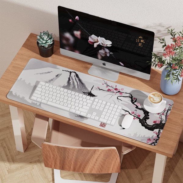 Japansk Cherry Blossom-musemåtte (31,5 × 11,8 × 0,12 tommer) Forlænget stor musemåtte Skrivebordsunderlag, musemåtte med syede kanter, Gaming-musemåtte XL