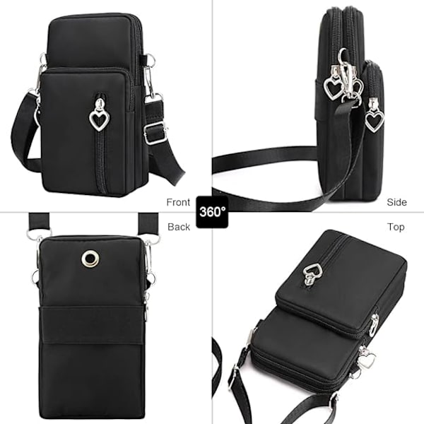 Crossbody tasker til mobiltelefoner med stor kapacitet og justerbar skulderrem til kvinder og piger (hjerte, sort)
