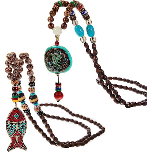 2 kappaletta Boho-kaulakorua naisille, Vintage pitkä helmikaulakoru käsintehty turkoosi kala norsu pitkä kaulakoru paksu Nepal kaulakoru naisille tytölle Je