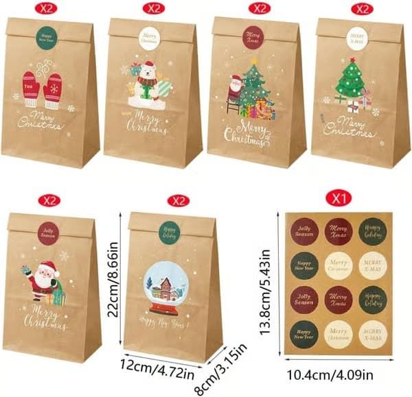 12 julklappspåsar i papper, nedräkningspåsar för julklappsinslagning, fruktpåsar för julafton