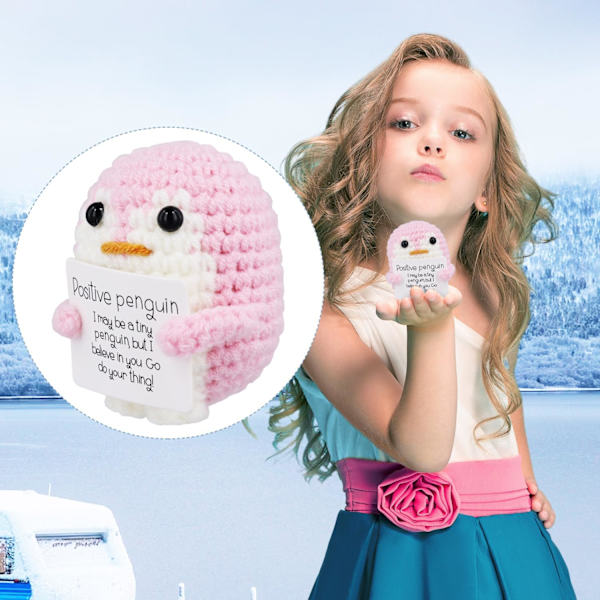 Rolig positiv pingvin, 2,6 tum emotionellt stöd pingvinleksak med positivt kort pingvin gåvor virkad handgjord docka för vänner uppmuntran dekoration Pink