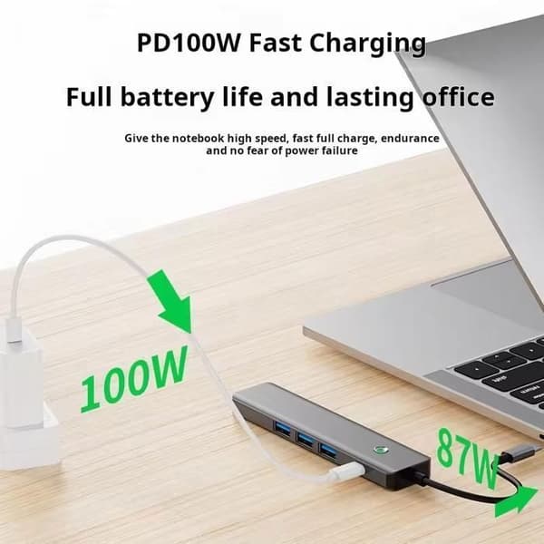 USB-C-hub (5-i-1): 4K HDMI + 100W PD + 3x USB-C 3.0 (5 Gbps) – Grå