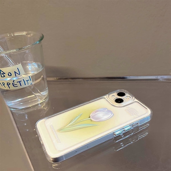 Blommig Mobilskal Kompatibelt med iPhone 12, Sött Estetiskt Klart Tulpan Mobilskal för Kvinnor Flickor Clear Tulip iphone 11 case
