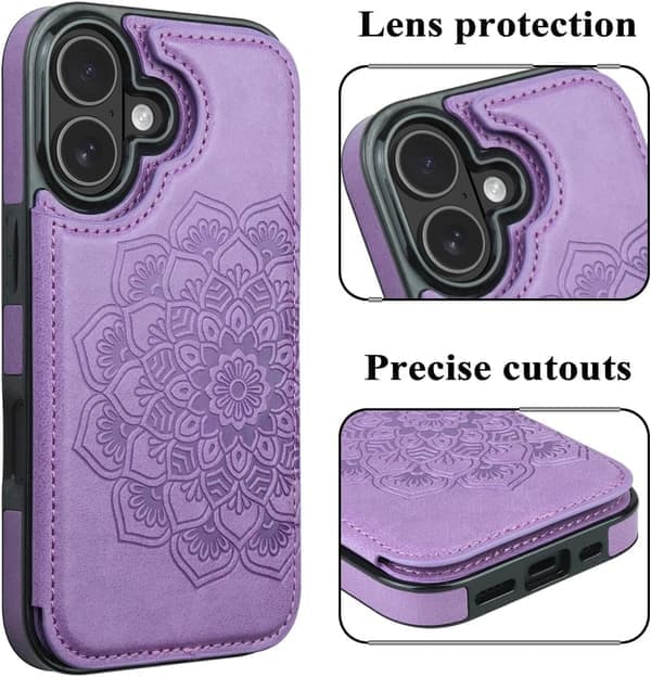 Til iPhone 17 etui med kortholder, blomstermagnetknapper beskyttende pung etui til kvinder til iPhone 17 purple iPhone 17 Pro Max