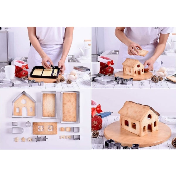 (sett med 10) Gingerbread House Cookie Cutter Sett, Bake Your Own Small Christmas House Kit, Chocolate House, Haunted House, Gift Box Emballage$3d Ingefær