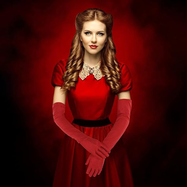 Dam långa satinfingerhandskar opera bröllopsdanshandskar fest stretchiga handskar (röd)