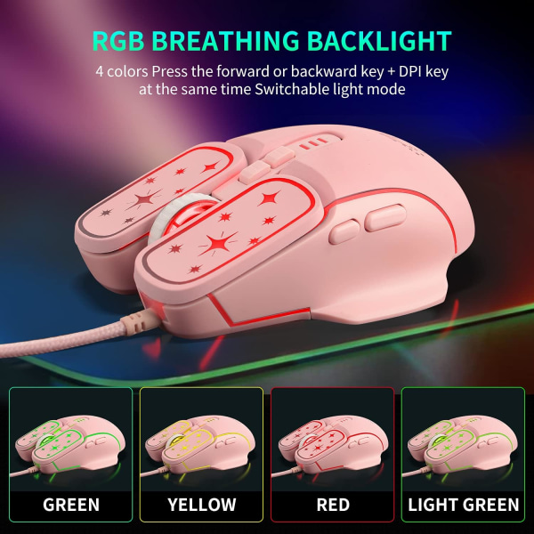 Gamingmus, 4 farger bakgrunnsbelyst optisk spillmus ergonomisk USB kablet med 7200 DPI og 6 knapper 4 skyting for datamaskin/Win/Mac/Andriod/iOS (rosa)