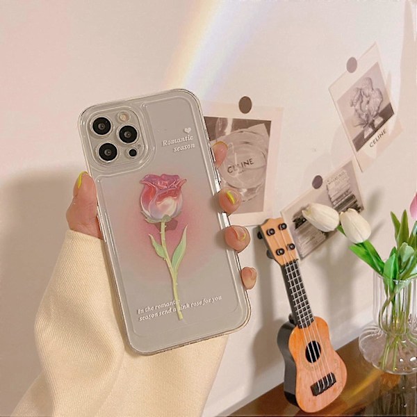 Blommig Mobilskal Kompatibelt med iPhone 12, Sött Estetiskt Klart Tulpan Mobilskal för Kvinnor Flickor Clear Rose iphone 13 case