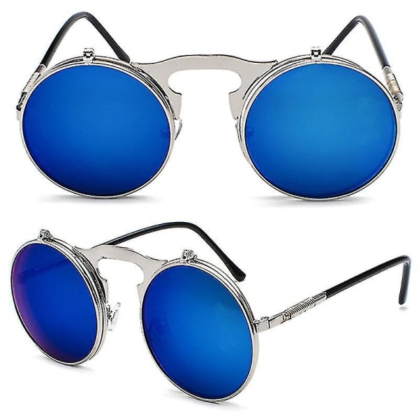 Miesten unisex-aurinkolasit, pyörivät linssit, pyöreät silmälasit Silver Frame Blue Lenses