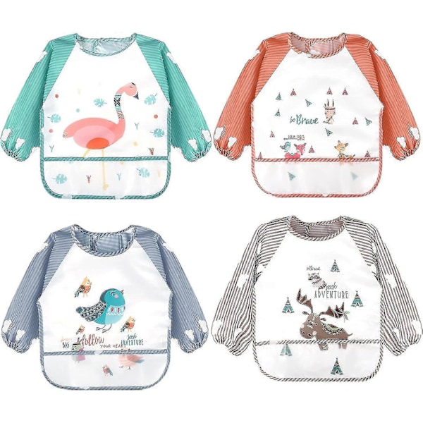 5-pack Långärmade Bebis-Släpkläder, Vattentäta Ärmar, Småbarns-Släpkläder för 6-36 Månader 4pcs-Bird-Fox-Flamingo-Elk Tie Closure-6-36 months