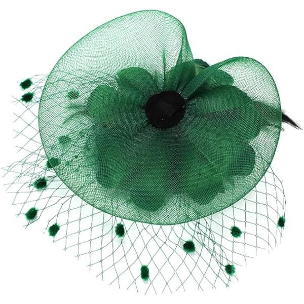 Damernas Fascinator Pillbox Hatt Kvinnor Blomma Bowler Hatt Fjäder Bröllop Cocktail Hatt Hårclips Fest Hatt Håraccessoarer med Hårslinga green