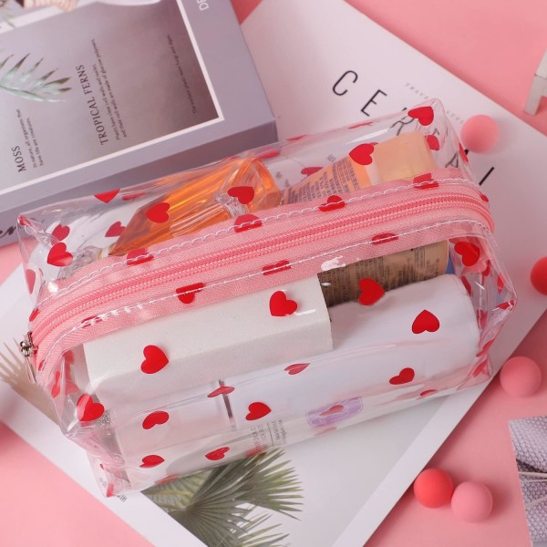 Genomskinliga kosmetiska väskor, PVC case Transparent frukt sminkväskor Söt resetvätt kosmetisk påse för kvinnor tjejer (hjärta)