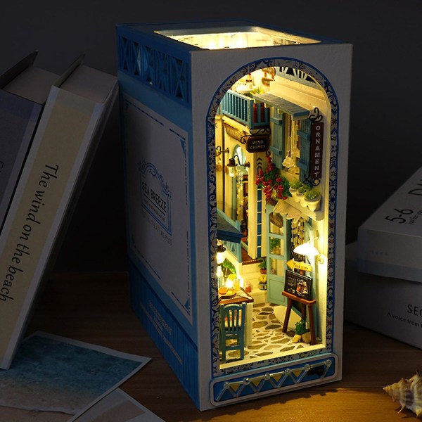 Gjør-det-selv bokkroksett, 3d trepuslespill bokstøtteinnsats dekor med varmt lys