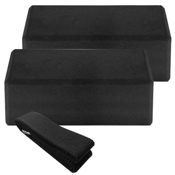 Set med 2 yogablock / yogablock / yogablock med 1 stycke yogabälte för blockeringar Träning Stretchövningar Nybörjare och avancerade (svart)
